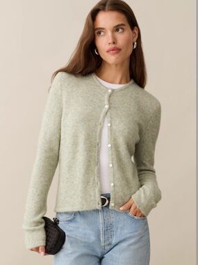 Few Moda Light Sage Crewneck Button Cardigan Sweater